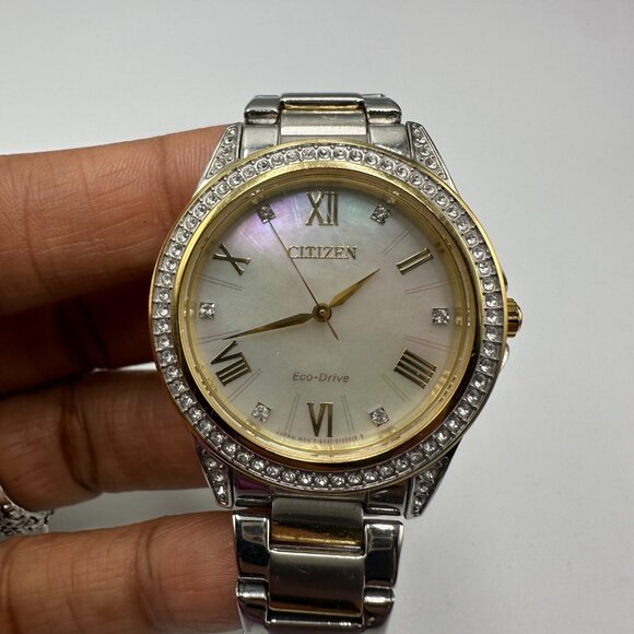 Citizen Eco Drive Watch Women Silver Gold MOP Dial Crystal Bezel Solar Powered - Picture 2 of 13